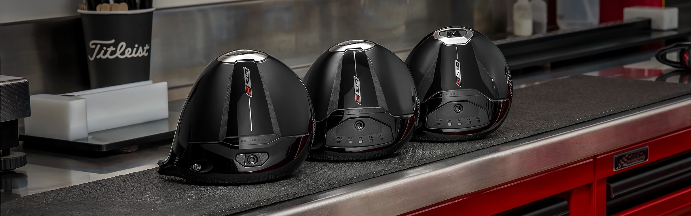 Titleist GTS drivers on a fitting bench — the next generation of Titleist driver technology, currently on Tour